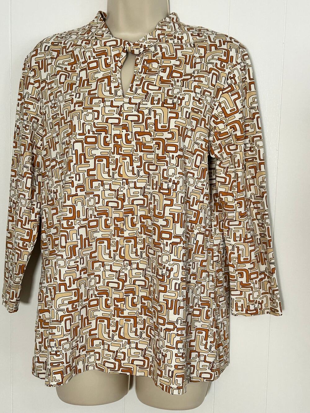 J Mclaughlin Women's Large 3/4 Slv  Brown White Geometric Twisted Keyhole Collar